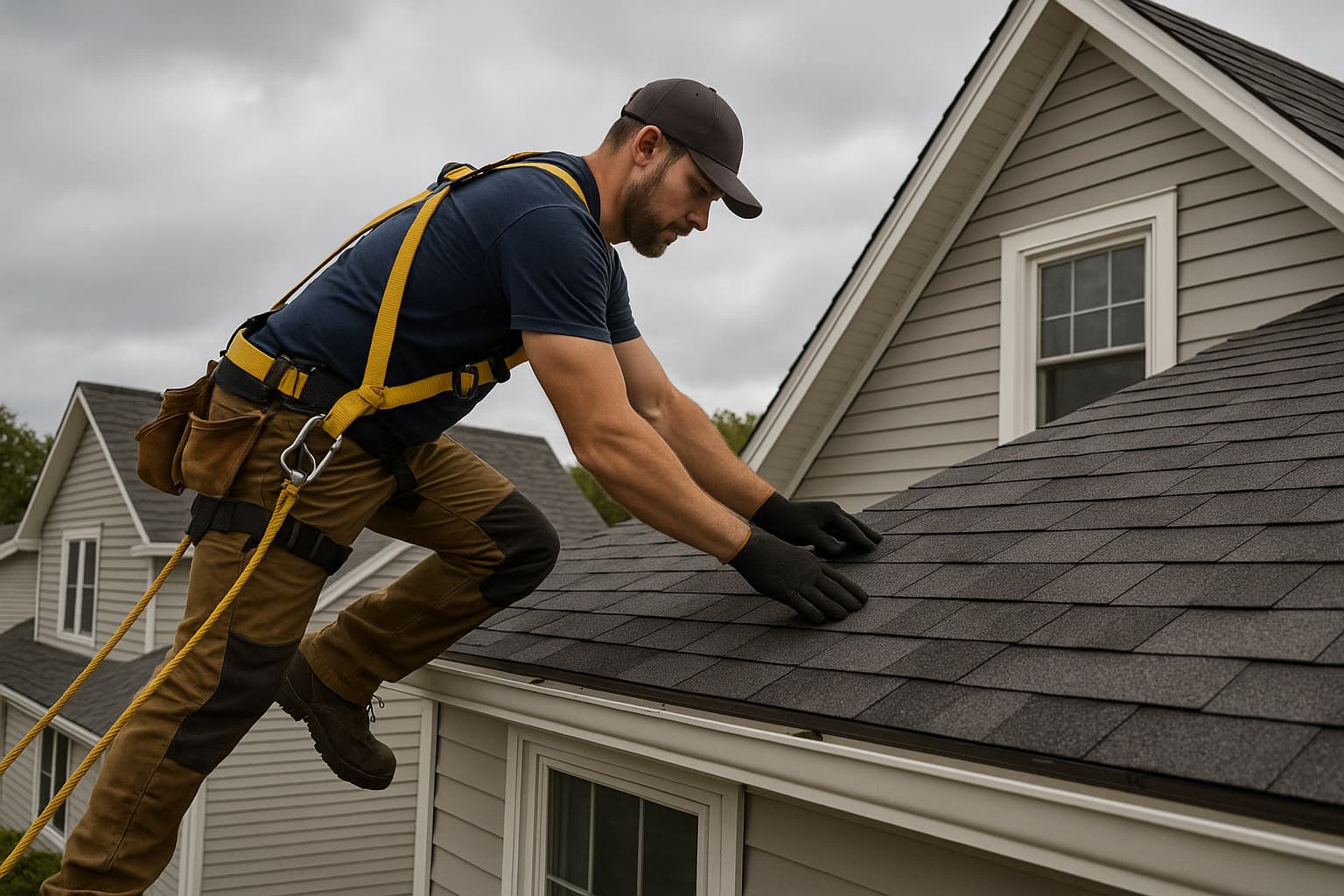 Professional roofer installing shingles on a residential roof