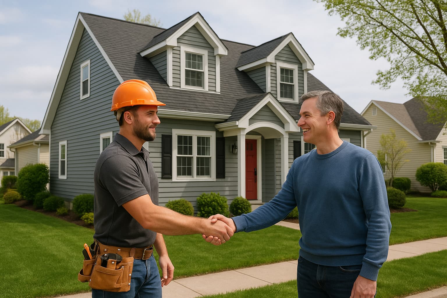 Happy homeowner with roofing contractor