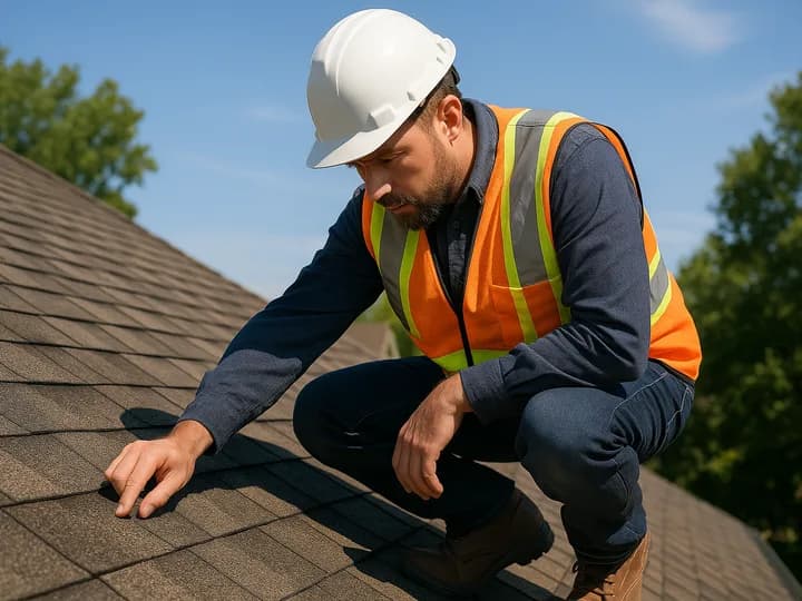 Roof inspector examining shingles on residential roof
