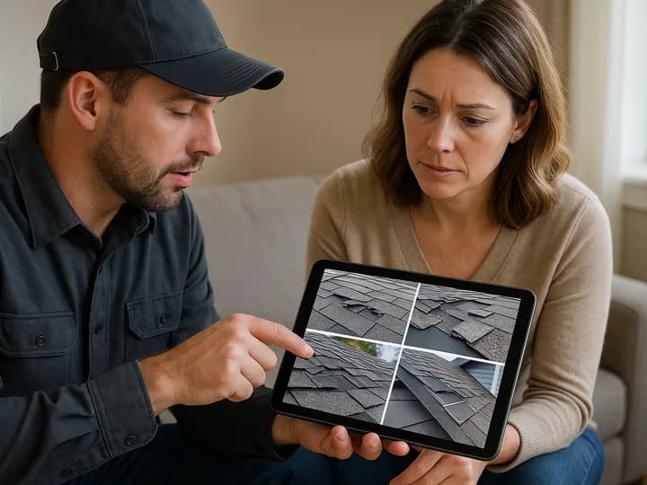 Contractor reviewing roof inspection report with homeowner