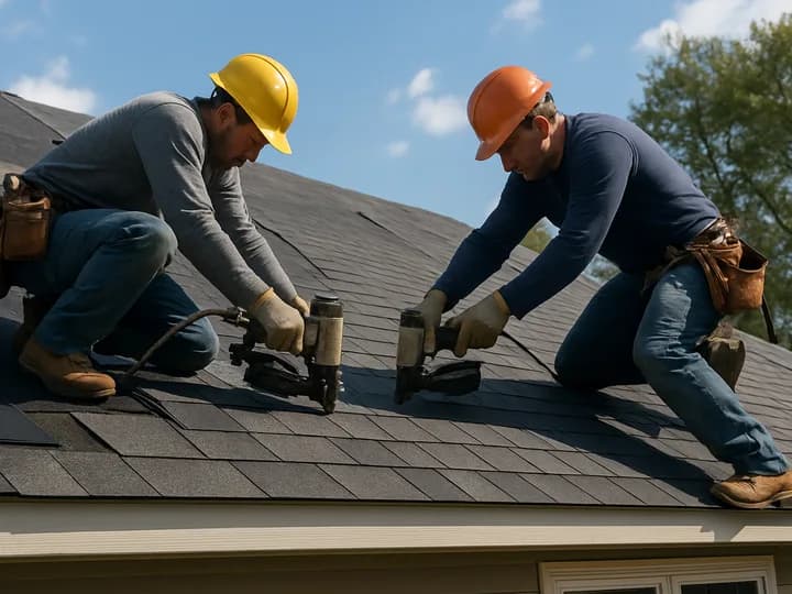 Roofing crew installing shingles on residential home