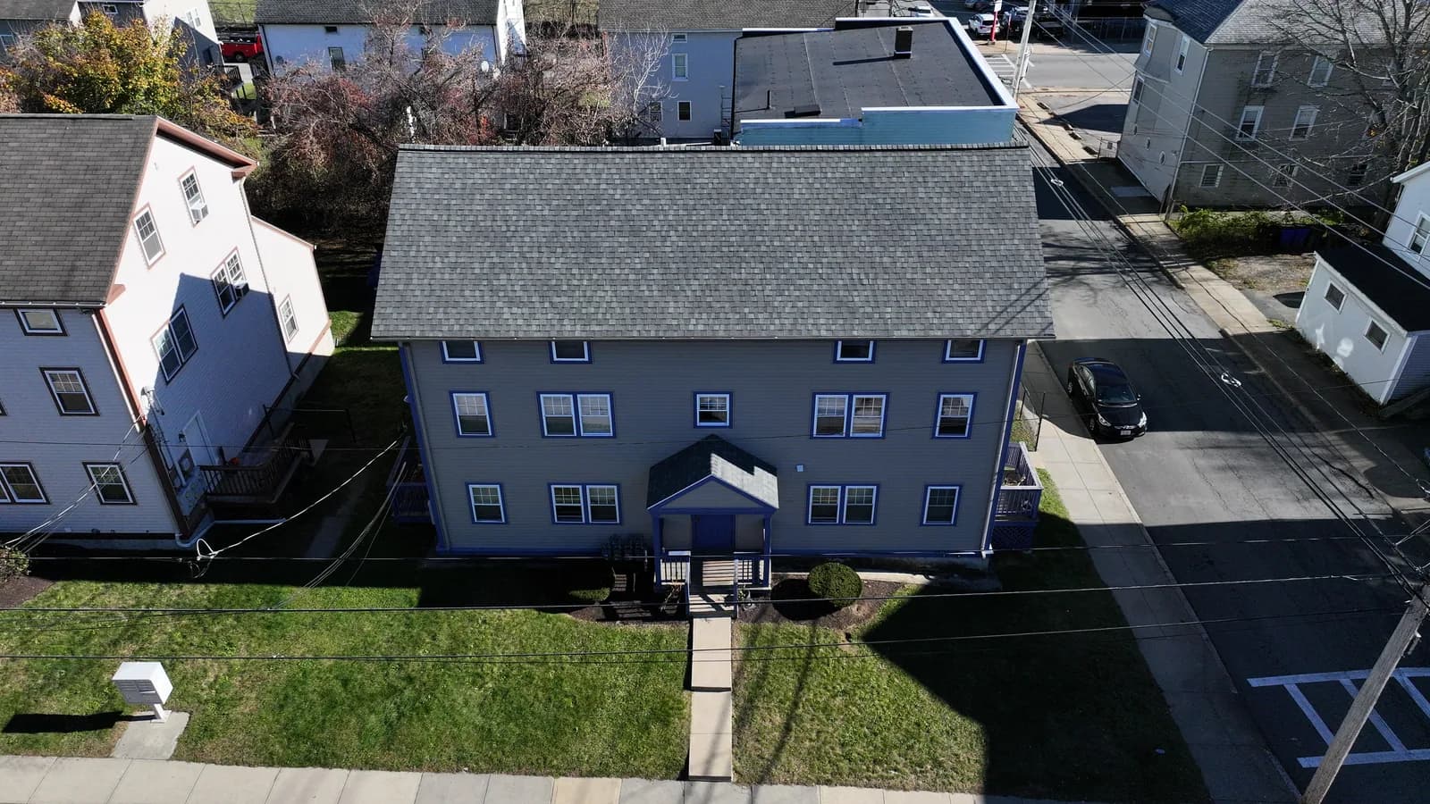 Completed roof replacement by Roofing Doctor, November 2025 — aerial view of new architectural asphalt shingles