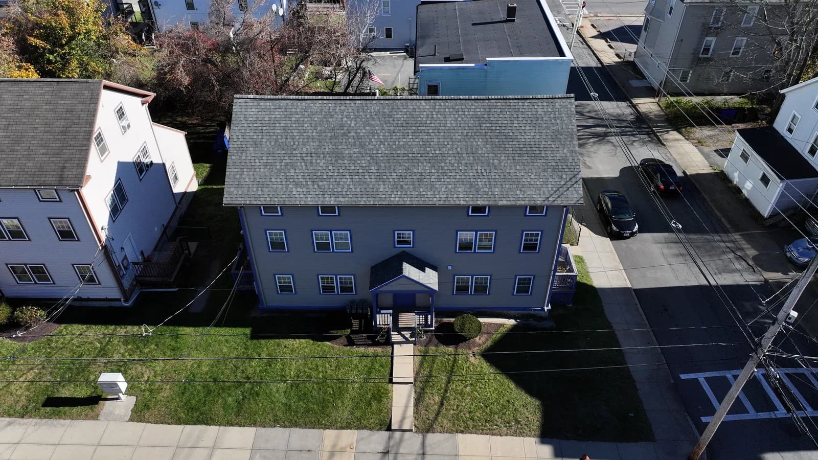 Completed roof replacement by Roofing Doctor, November 2025 — aerial view of new architectural asphalt shingles