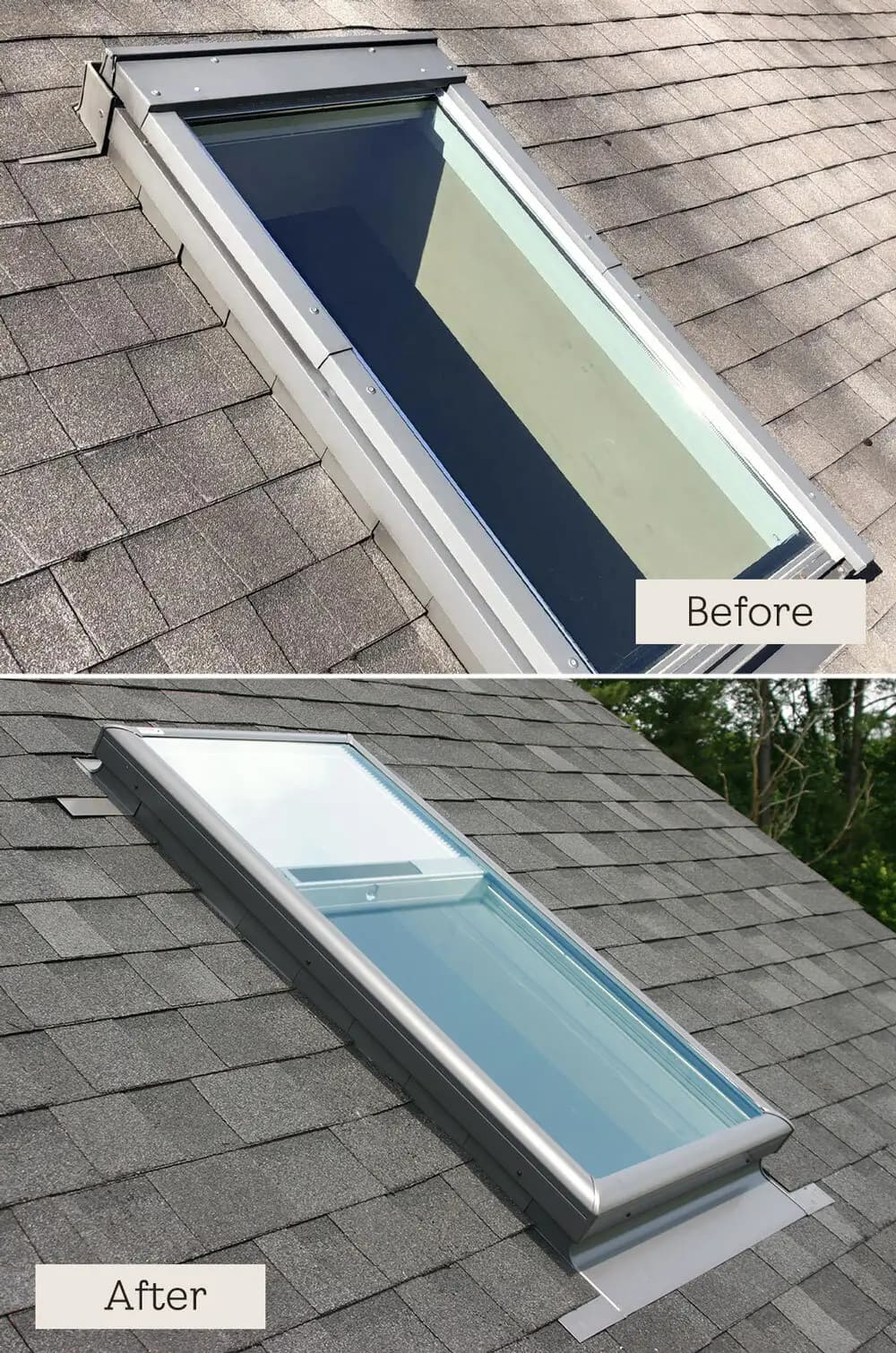 Skylight replacement before and after — old acrylic bubble skylight upgraded to a modern VELUX glass skylight