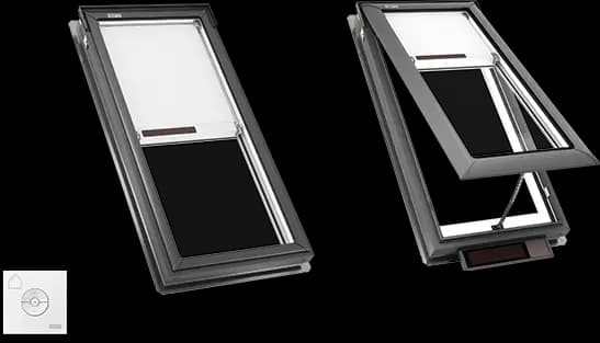 Two VELUX skylight systems side by side, one closed and one in the open venting position