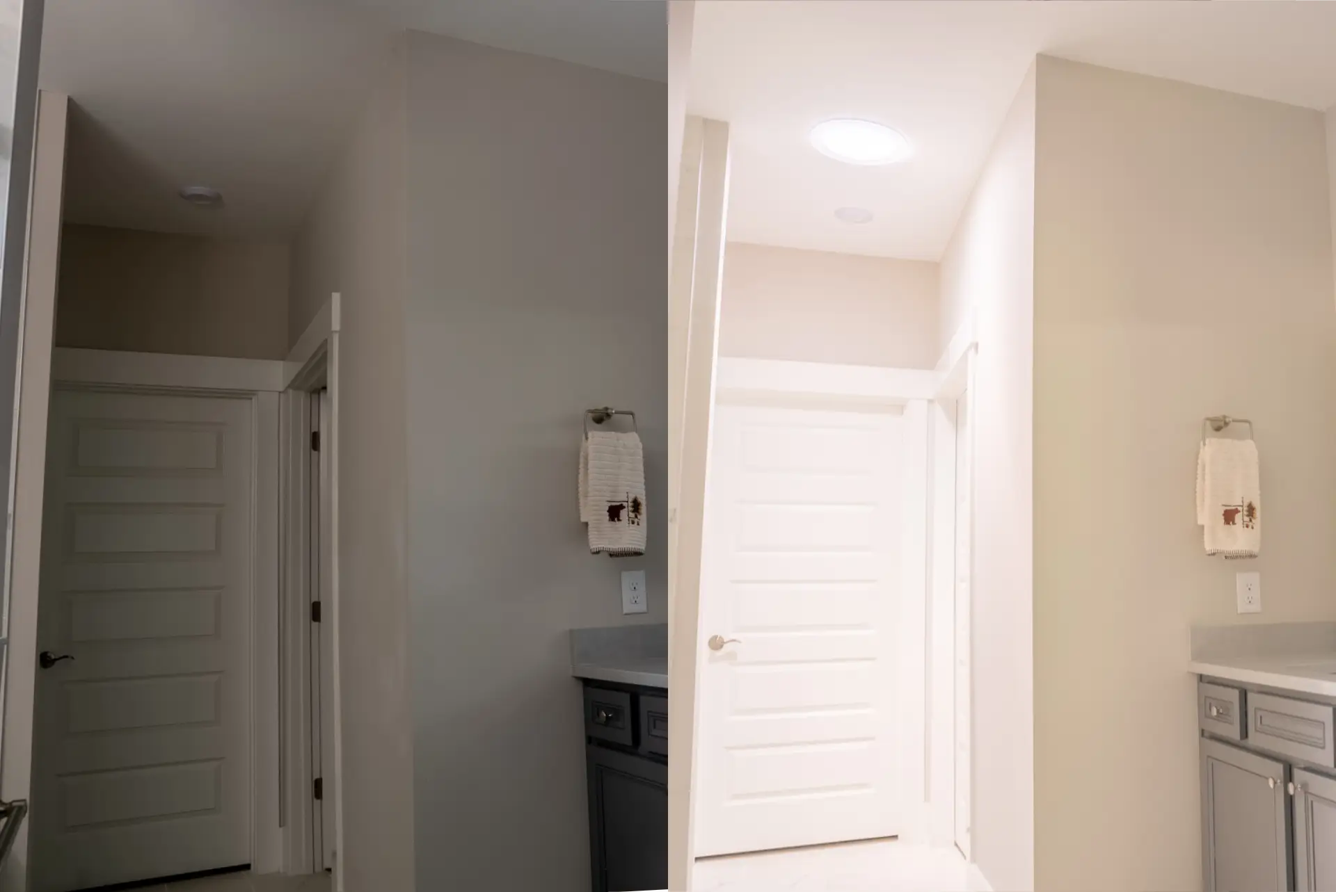 Before and after of a windowless bathroom transformed by natural light from a sun tunnel skylight